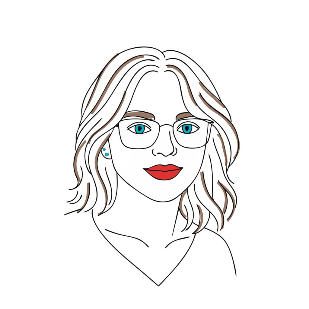 Ilustracja kobiety w okularach i czerwonych ustach, narysowana w stylu line-art – nowoczesna i artystyczna tożsamość marki.